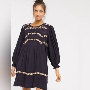 Free People Pasadena Embroidered Long Sleeves Mini Dress in Plum Black size XS